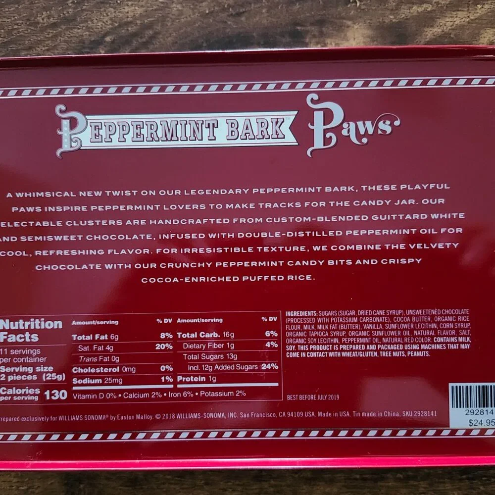 Williams Sonoma Paws Peppermint Bark Christmas Tin Box